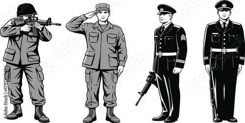 Print"Group of military personnel in various uniforms, standing and saluting with weapons, detailed soldier illustration showing duty, discipline, professionalism, service"
