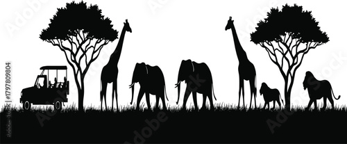 PrintSafari silhouette scene, African wildlife, giraffes elephants lions, acacia trees, nature illustration, black outline, white background, wild animal landscape