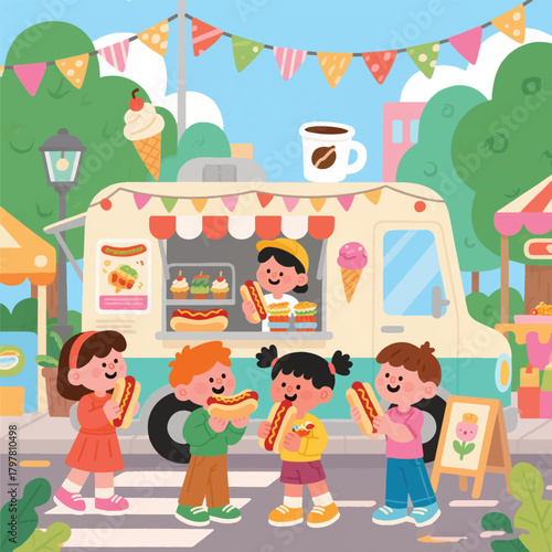 Colorful cartoon vector of a food truck serving hot dogs, ice cream, and coffee in a park. Happy kids eating, festive atmosphere, perfect for outdoor dining, community, and leisure themed designs.