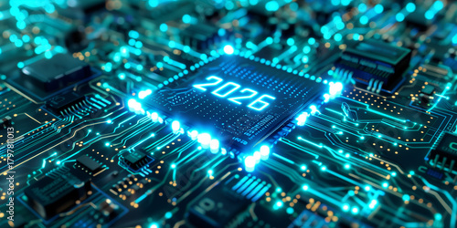 Close-up of a glowing computer microchip with the year 2026 illuminated at the center, surrounded by blue circuitry and electronic components