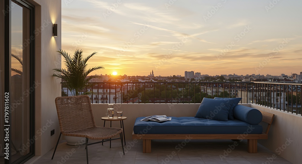 Naklejka premium Balcony view at sunset with city skyline and cozy furniture setup