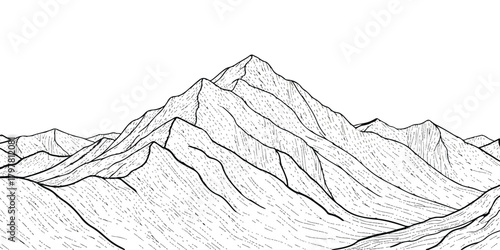 Hand drawn outline of majestic mountain peaks and range landscape design element