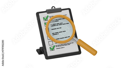 3D render of a checklist on a clipboard with checked items, under a magnifying glass. Symbolizes review, inspection, analysis, or task verification. background removed