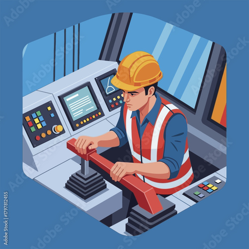 Construction Worker Operating Heavy Machinery in Control Room.