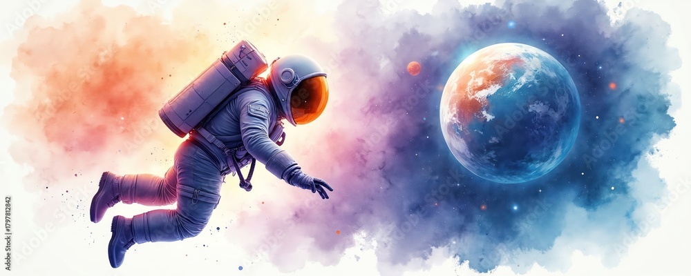 Fototapeta premium Astronaut floats in cosmic space near Earth. Colorful nebula clouds and stars surround the figure. The illustration shows exploration and wonder of the universe.