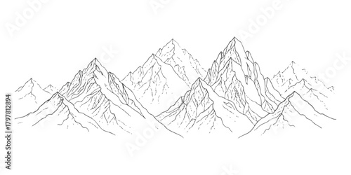 Minimalist hand-drawn mountain range line art illustration on white background