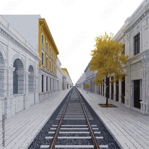 Historic stone road of an old city in Europe with charming architecture and colourful houses under an autumn sky