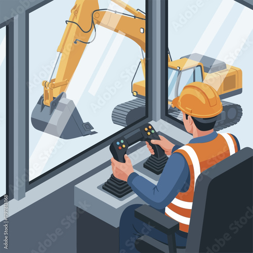 Construction worker operating heavy machinery from a control cabin.