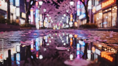 Wallpaper Mural Wet pavement reflecting city lights and petals Torontodigital.ca