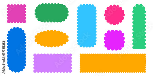 Colorful geometric forms with scalloped edges, empty laced sticker, shapes with frilly borders, squiggly wavy textboxes frames