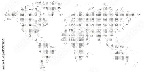 Dotted world map with digital grid pattern representing global network data