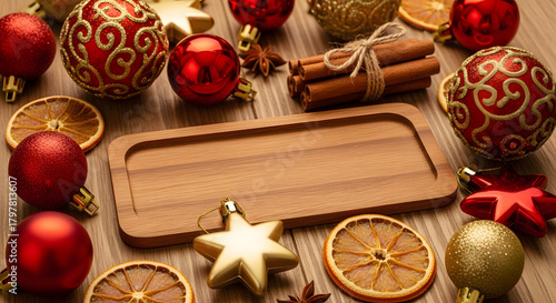 Christmas Flat Lay: Red & Gold Ornaments on Wood with Cinnamon & Orange Slices  generated ai