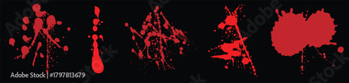 Red blood splatters and drops on black background abstract design elements 