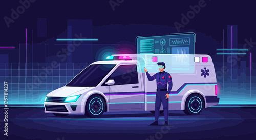 Futuristic ambulance with advanced medical technology and a healthcare professional utilizing