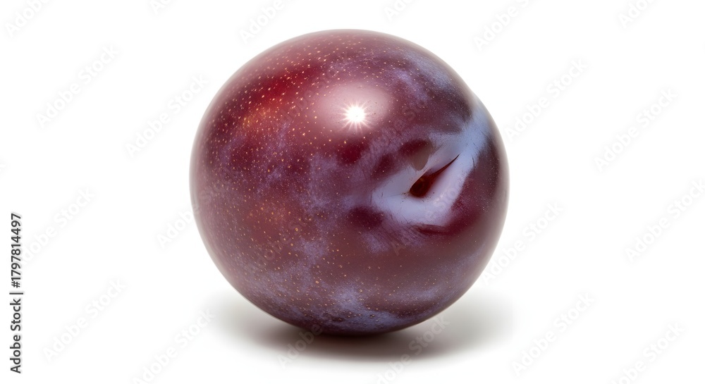 Obraz premium Single ripe plum fruit with purple skin and slight blue bloom isolated