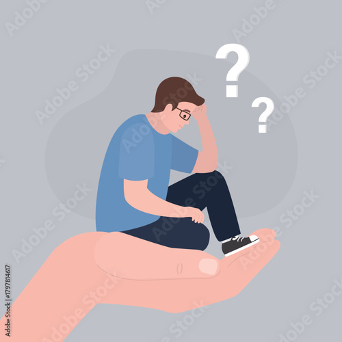 Empathy concept with nurturing hand to sustain sad young man in deep depression. Psychologist helping. Lonely person needs support, care because of sorrow, anxiety, stress.