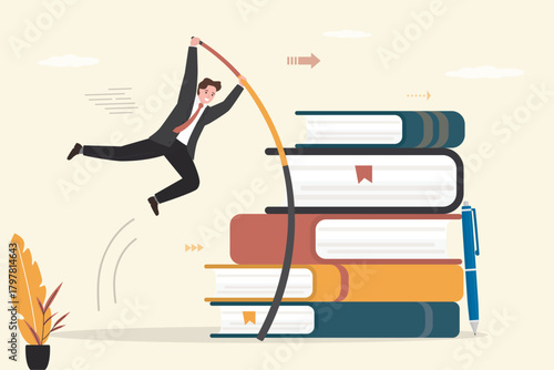Smart businessman or student pole vault jumps over high books stack. Skills improvement. Education or knowledge, reading textbooks or study new skills,