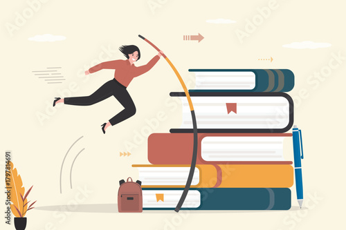 Smart businesswoman or student pole vault jumps over high books stack. Skills improvement. Education or knowledge, reading textbooks or study new skills, wisdom