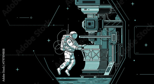 Futuristic depiction of an astronaut utilizing advanced manufacturing technology in space