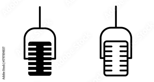 Two vector icons of a microphone with a traditional microphone grille design. The first icon represents the microphone in a simple line style, while the second displays it in a filled design.