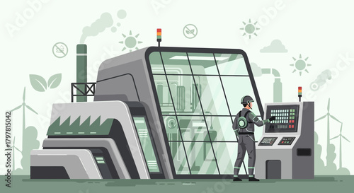 Futuristic eco-friendly industrial complex with advanced technology and a focus on sustainability