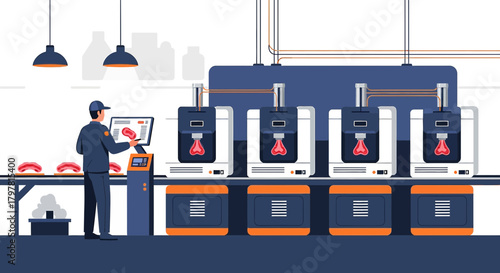 Futuristic food industry: automated meat production controlled by a worker using technology