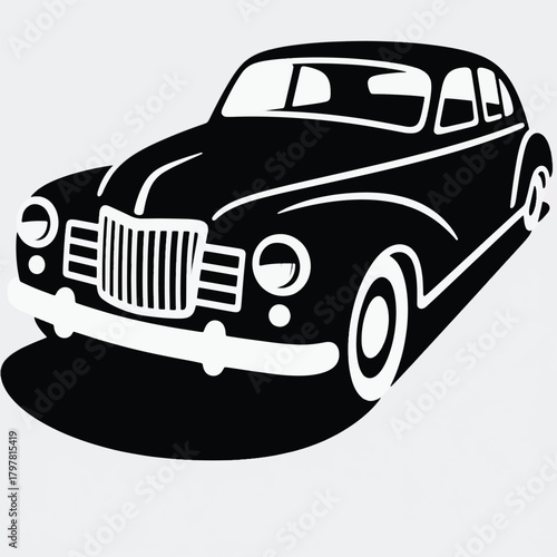 Stylized black and white vector of a vintage car with whitewall tires and classic mid century design. Ideal for retro automotive themes, historical illustrations, and graphic sticker style artwork.