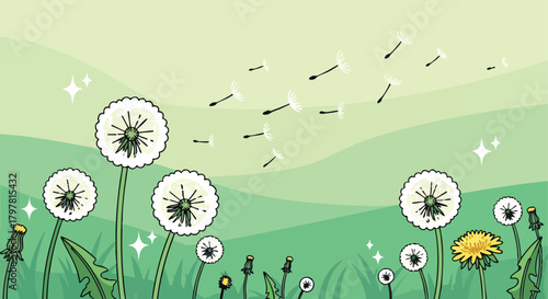 whimsical dandelion seeds carried on the breeze in a serene meadow landscape