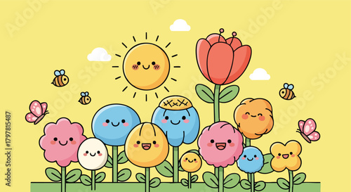 Whimsical cartoon garden with smiling flowers sun butterflies and bees on a bright yellow background