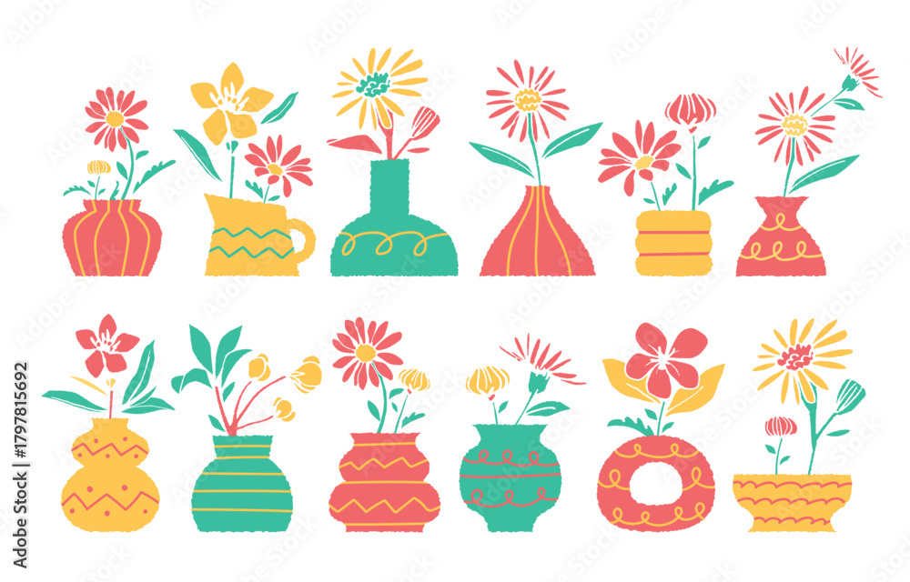 Fototapeta premium Retro Floral Vase Illustration Set — Colorful Hand-Drawn Flower Clipart Collection