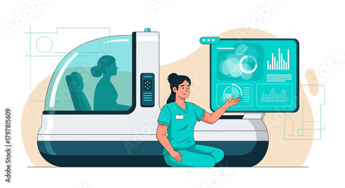 Futuristic healthcare: Doctor monitoring patient data inside hyperbaric chamber technology