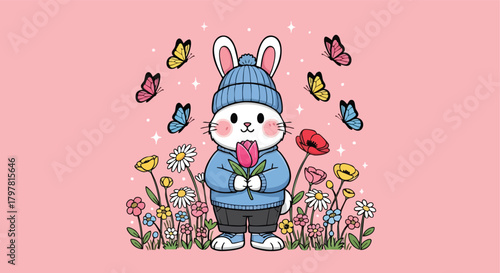 Adorable cartoon bunny in a winter hat holding a tulip surrounded by blooming flowers and fluttering butterflies