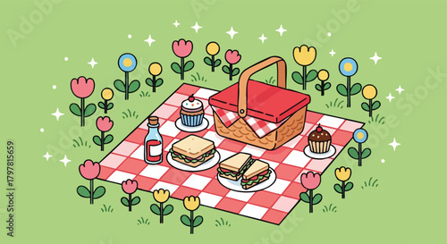 Charming Outdoor Picnic Scene with a Basket of Treats and a Bottle of Drink Surrounded by Blooming Flowers and Sparkling Accents