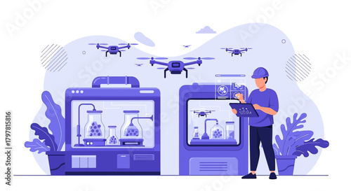 Futuristic laboratory featuring drone surveillance and controlled experiments using technology