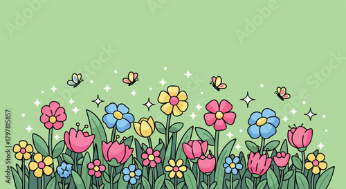 Whimsical meadow with blooming flowers and fluttering butterflies on a soft green background