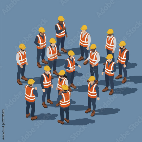 Construction workers in safety vests and helmets standing together.