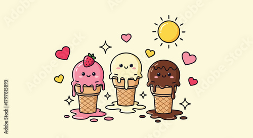 Adorable Kawaii Ice Cream Cones with Hearts and Sun illustration delightful summer treat concept