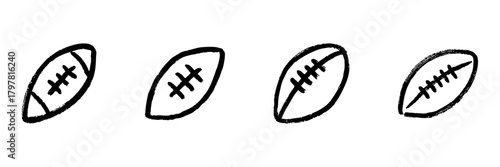 American Football Ball Line Icon Set In Doodle Style. Sports Equipment, Team Game, And Athletic Activity Outline Sketch Collection. Hand Drawn Isolated Vector Illustration