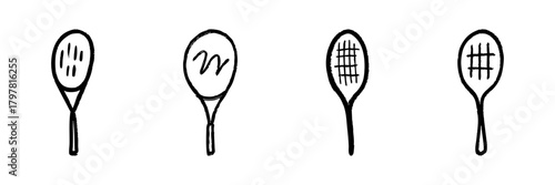 Tennis Racket Line Icon Set In Doodle Style. Sports Equipment, Recreation, And Tennis Game Outline Sketch Collection. Hand Drawn Isolated Vector Illustration