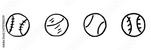 Four Sports Balls Line Icon Set In Doodle Style. Baseball, Tennis, And Softball Equipment Outline Sketch Collection. Hand Drawn Isolated Vector Illustration