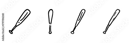 Baseball Bat Line Icon Set In Doodle Style. Sports Equipment And Recreation Outline Sketch Collection. Hand Drawn Isolated Vector Illustration