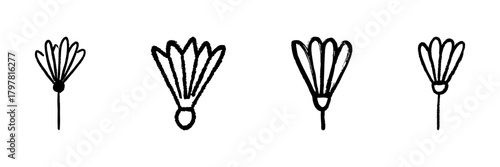 Badminton Shuttlecock Line Icon Set In Doodle Style. Sports Equipment, Recreation, And Badminton Game Outline Sketch Collection. Hand Drawn Isolated Vector Illustration