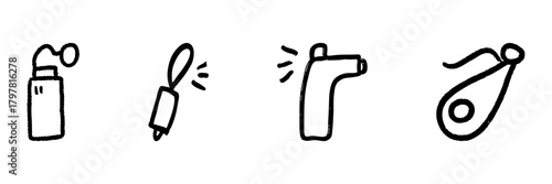 Handheld Beauty Tools Line Icon Set In Doodle Style. Skincare, Grooming, And Personal Care Accessories Outline Sketch Collection. Hand Drawn Isolated Vector Illustration