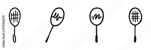 Tennis Racket Line Icon Set In Doodle Style. Sports Equipment And Recreation Outline Sketch Collection. Hand Drawn Isolated Vector Illustration