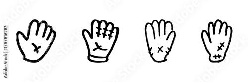 Gloves With Stitching Line Icon Set In Doodle Style. Hand Protection, Repair, And Craftsmanship Outline Sketch Collection. Safety And Diy Projects. Hand Drawn Isolated Vector Illustration