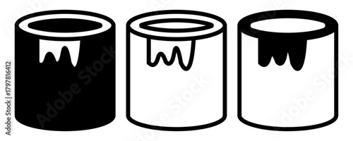 Three paint cans with varying levels of paint dripping over the edges. The first can shows a full level of paint, the second has a medium amount, and the third shows minimal paint remaining.