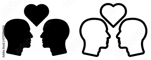 A vector graphic featuring two faces facing each other, with a heart symbol above, representing love, affection, and connection. The image symbolizes relationships, intimacy, and human connection.
