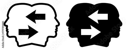 A vector illustration representing two faces with arrows pointing in opposite directions, symbolizing communication, contrast, or a different perspective.