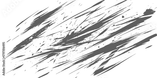 Energetic gray brush strokes and splatters abstract grunge texture pattern.