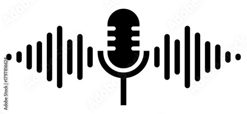 Vector illustration of a microphone with sound waves emanating from it, representing audio recording, podcasting or sound broadcasting. Design features a simple and clear symbol of sound transmission.